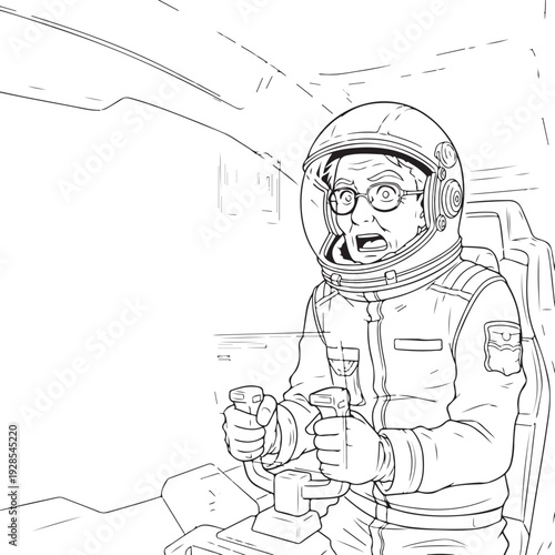 Shocked Elderly Space Pilot Line Art