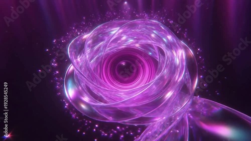 Abstract purple iridescent glass ribbons swirling into glowing crystal vortex motion background