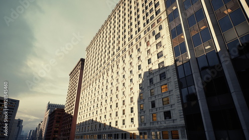 sunlit patterned faade bathing in light, pale grid of windows and masonry glowing, neighboring redbrick rising into sky, soft warm tones, residential