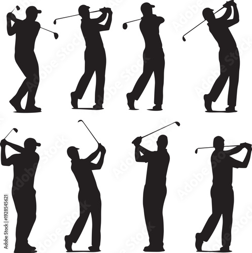 Silhouettes of Male Professional Golfer in Various Swing Positions and Poses