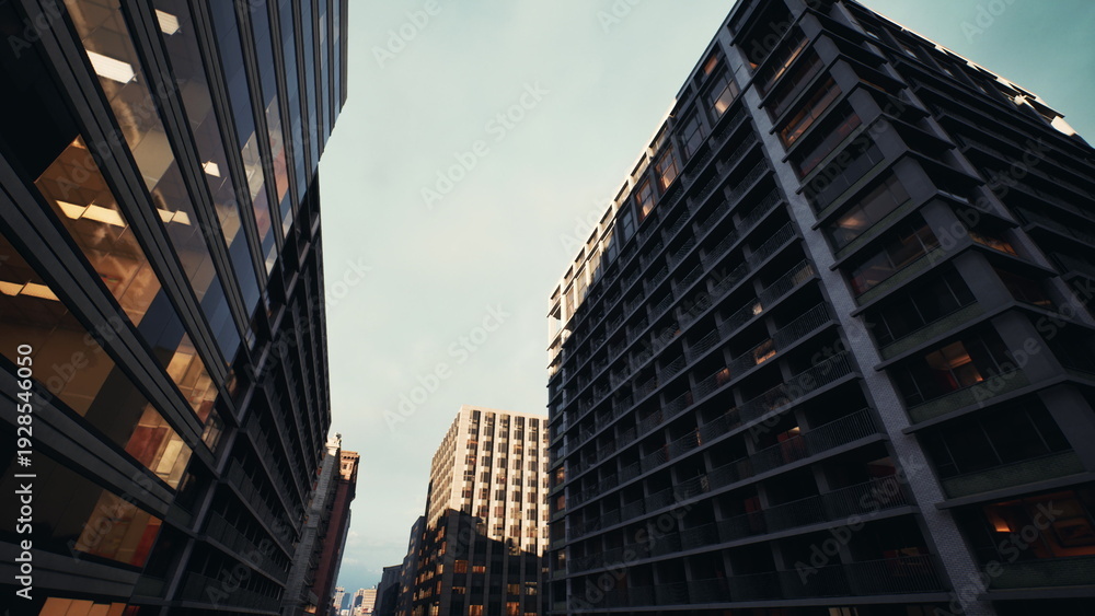 Obraz premium concrete canyon under golden light with repetitive balconies and deep perspective, brutalist geometry and strong shadow contrast, cinematic urban vista