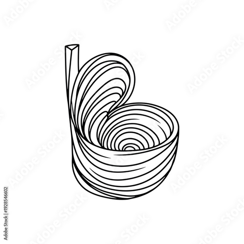 A black line drawing depicts a swirling spiral shape with a protruding rectangular object.