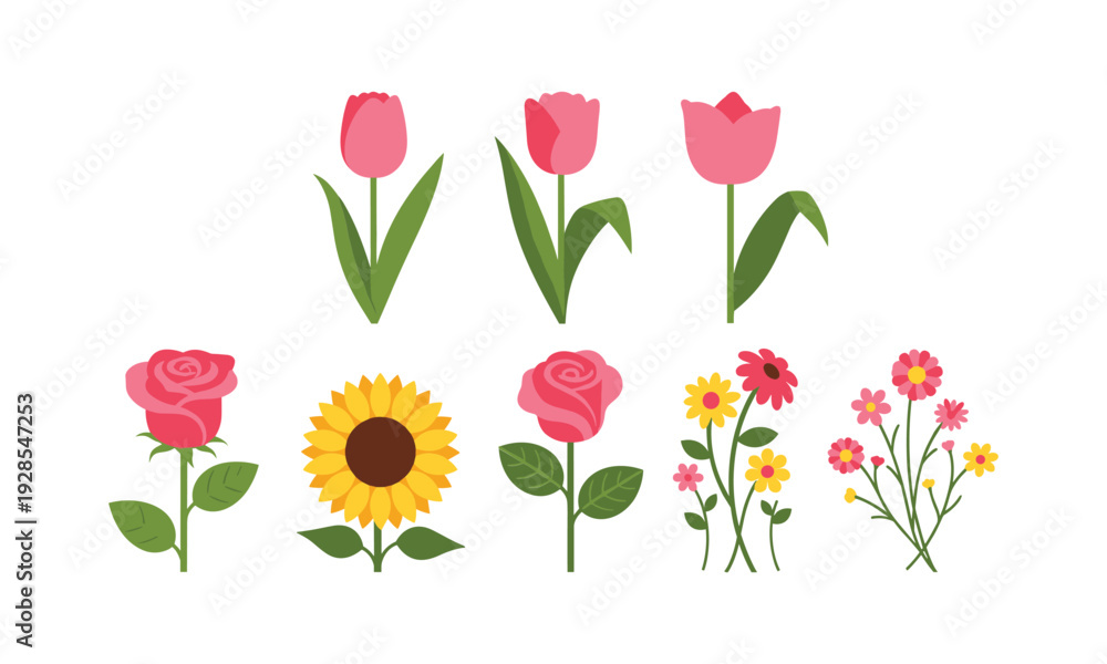 Naklejka premium Vibrant flowers including tulips, roses, sunflowers on white