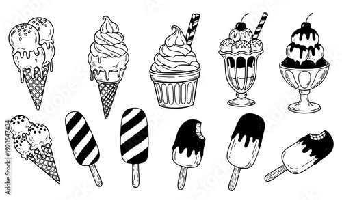 Hand drawn ice cream treats black ink doodle illustration set