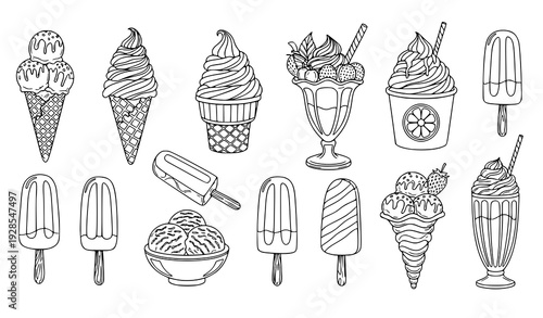 Black and white ice cream doodle line art vector collection
