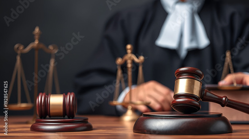 Justice system portrayal with gavel and judge symbolizing legal proceedings and fairness