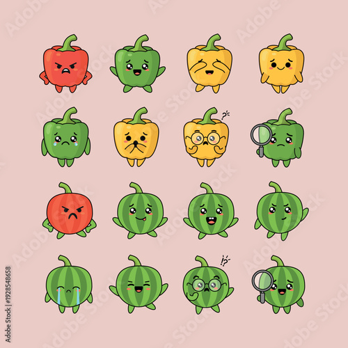 A vector collection of cute pepper and watermelon sticker characters with emotions and facial expressions