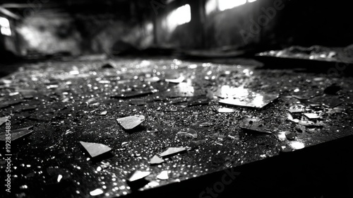 Tarnished metal detritus and glass shards scattered on a dusty surface in a derelict industrial setting