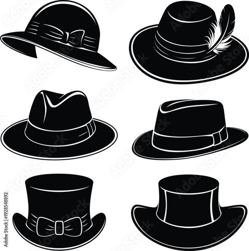 Set of classic vintage black hat silhouettes vector illustration