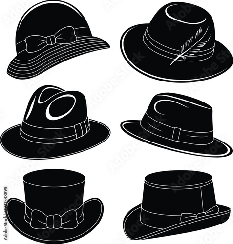 Set of classic vintage black hat silhouettes vector illustration