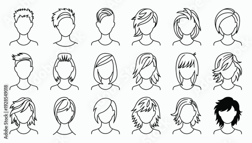 Hairstyle silhouette set. Male and female haircut outlines, faceless head avatars, barber shop and beauty salon vector collection.