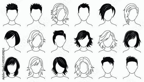 Hairstyle silhouette set. Male and female haircut outlines, faceless head avatars, barber shop and beauty salon vector collection.