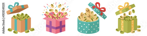 Gift box wrapped box with pistachios spilling out  Flat Vector Illustration on Transparent Background