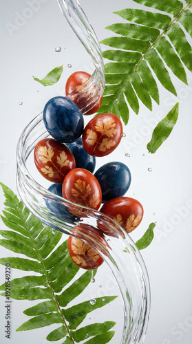 Assorted blue and red eggs with botanical leaf imprints swirling in water vortex with fern fronds, deep indigo and copper tones