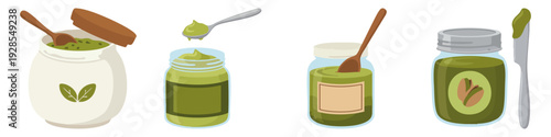  Pistachio butter jar with spread and spoon  Flat Vector Illustration on Transparent Background