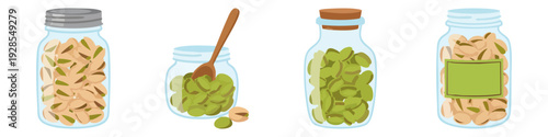 Pistachio jar transparent jar filled with nuts  Flat Vector Illustration on Transparent Background