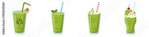  Pistachio smoothie green drink with straw  Flat Vector Illustration on Transparent Background