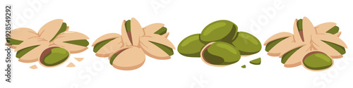  Pistachio nuts Whole nuts with shells, cracked open nuts  Flat Vector Illustration on Transparent Background