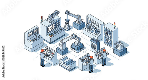 Isometric illustration of industrial workers operating machinery in a manufacturing plant with a blue and grey color scheme and a sense of industry and productivity