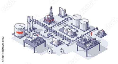 Isometric illustration of an industrial facility with various machinery and equipment, including a drilling tower, cargo containers, and pipelines, set against a clean white background
