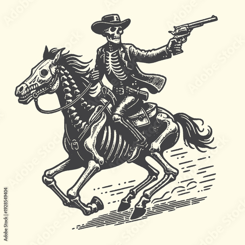 A skeletal cowboy rides a skeletal horse in a dramatic vintage illustration, wielding a pistol on a dusty, wild west background.