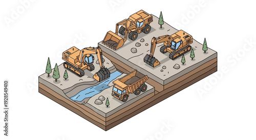 Isometric illustration of industrial construction site with excavators and a stream on a building plan background