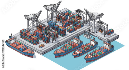 Isometric illustration of a bustling harbor with cargo ships and cranes loading colorful shipping containers in an industrial port area with urban infrastructure