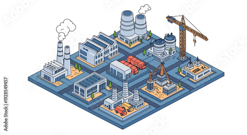 Isometric illustration of an industrial complex with factories, ships, and cargo cranes in a harbor setting with urban infrastructure