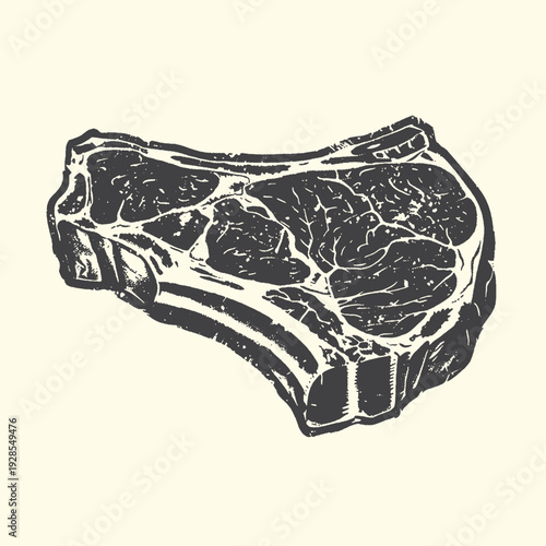 Detailed gravure illustration of a raw, marbled beef steak on the bone, isolated on a light beige background, perfect for culinary themes.