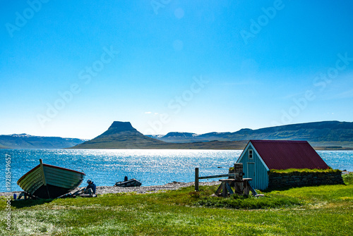 Colorful houses on Vigur island in Ísafjarðardjúp fjord Westfjords Iceland with calm coastal landscape and traditional rural scenery