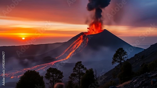 Majestic volcano erupting at sunset, casting lava flows and smoke over a serene landscape