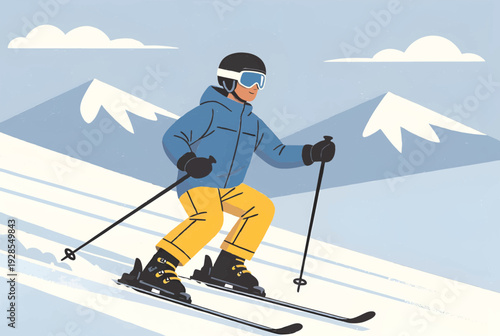 Skier in motion on snowy mountain slope with clouds
