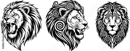 Black and white vector illustration of lion heads with tribal swirl patterns and roaring manes, isolated on white background,