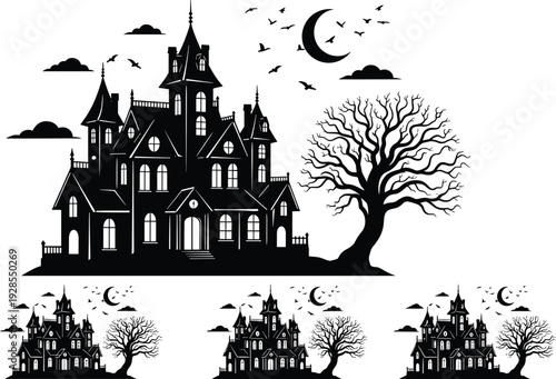 Black vector silhouette of a spooky haunted house mansion with a dead tree, moon, bats, and clouds for Halloween,