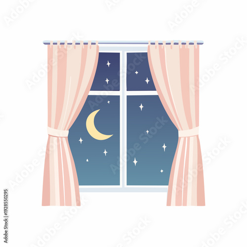 Window with Curtains Open to Night Sky and Moon.