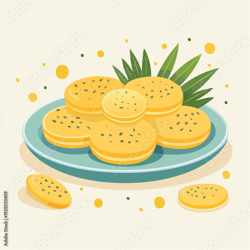 A plate of cookies with sesame seeds and green leaves.