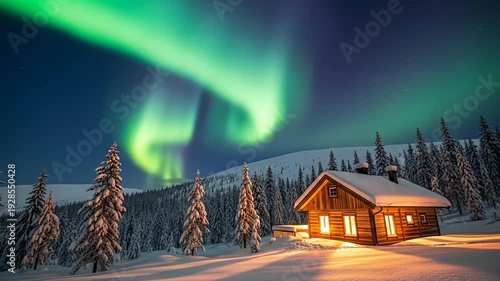 Aurora Borealis illuminates a cozy cabin in a snowy winter landscape at night