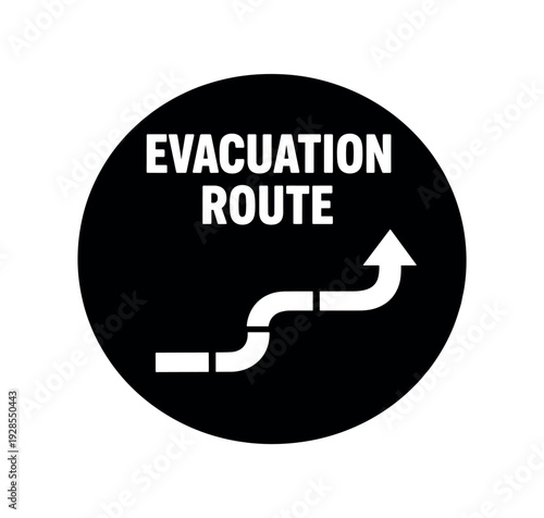 Flat vector badge EVACUATION ROUTE simple white arrow path
