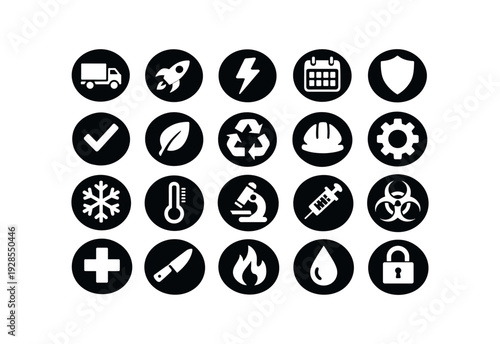 4x5 grid layout on white background twenty separate flat vector badges badge solid black small circle with icons: truck rocket lightning bolt calendar shield checkmark leaf recycle arrows
