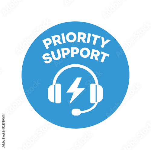 Flat vector badge PRIORITY SUPPORT simple white headset with lightning bolt