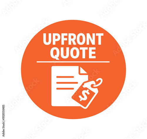 Flat vector badge UPFRONT QUOTE simple white document with price tag