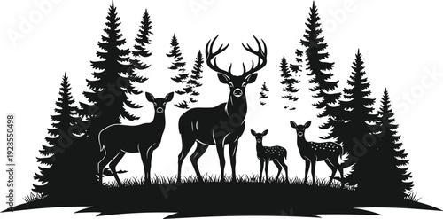 Black and white vector silhouette of a deer family in a pine forest, featuring a buck with antlers and fawns,