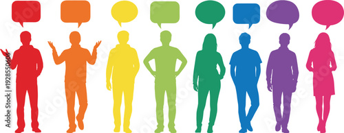 People silhouette collection with colorful community group and speech bubbles, diverse social communication vector for conversation and public speaking illustration.