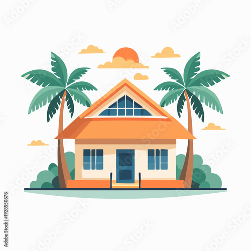 Tropical House with Palm Trees and Sunny Sky.