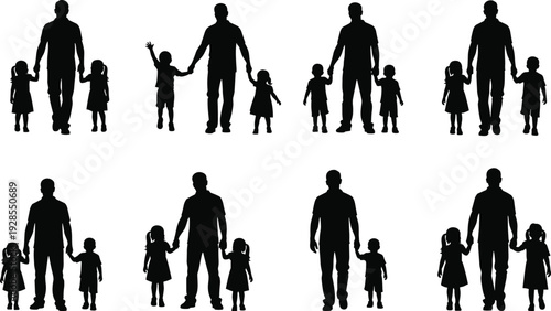 Father walking with children silhouette set, happy family moments with dad son and daughter for parenting and lifestyle vector illustration.