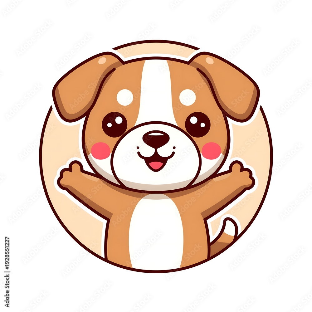 Fototapeta premium A cartoon dog with a happy expression and outstretched arms in a circular frame