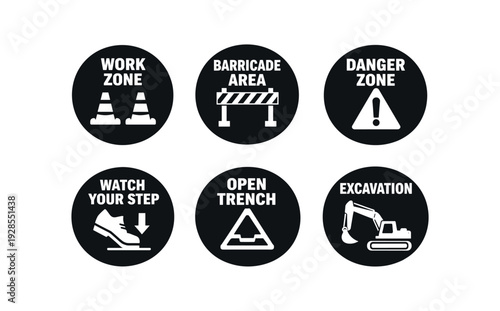 badge texts and icons: WORK ZONE with cones icon BARRICADE AREA with barrier icon DANGER ZONE with alert triangle exclamation icon WATCH YOUR STEP with foot down arrow icon OPEN TRENCH with