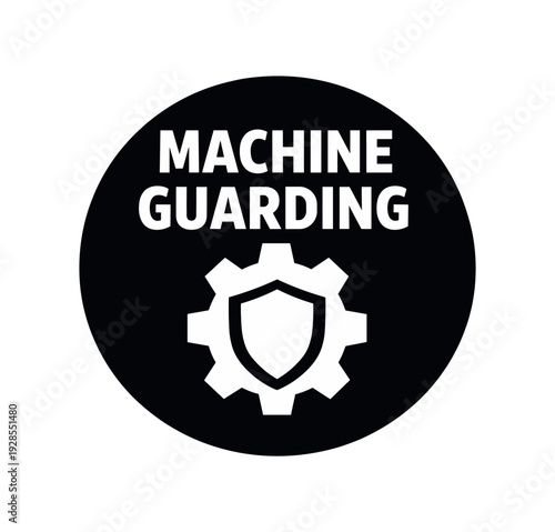 Flat vector badge MACHINE GUARDING simple white gear with shield