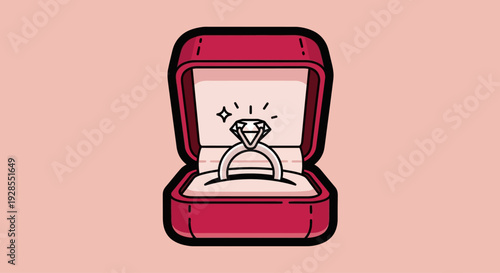 Illustration of an engagement ring in an open red velvet box with sparkling diamond.
