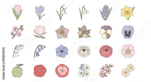 Collection of delicate pastel floral and botanical icons in soft colors.